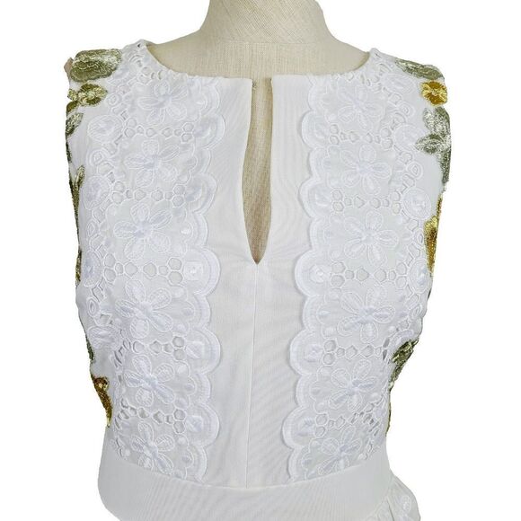 Diane Von Furstenberg Dress 2 White Eyelet Gold Metallic Embroidered Tiered Mini - Picture 4 of 8
